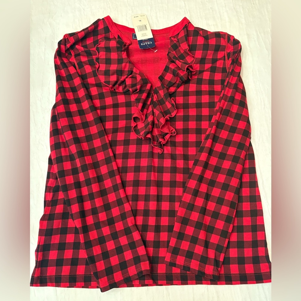 Chaps Red and Black Plaid Ruffle Blouse